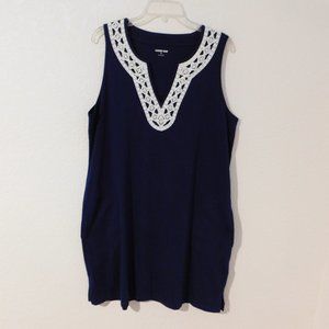 Lands End Dress Womens XL Navy White Embroidery Sleeveless Knee Length Pockets